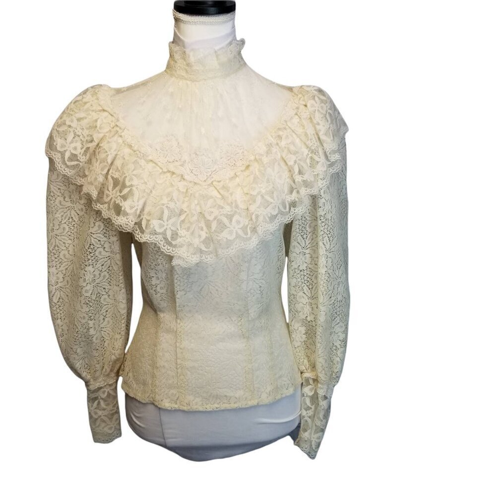 Vtg 70s does victorian ivory lace sheer ruffle puffy sleeve button back blouse - Picture 3 of 12
